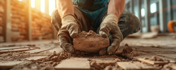 Fototapeta premium Skilled Laborer Installing Durable Flooring in a Modern Residential Home Hands-On Manual Labor, Precise Design, and Expert Craftsmanship for a Stunning Floor Transformation High-Quality Residential