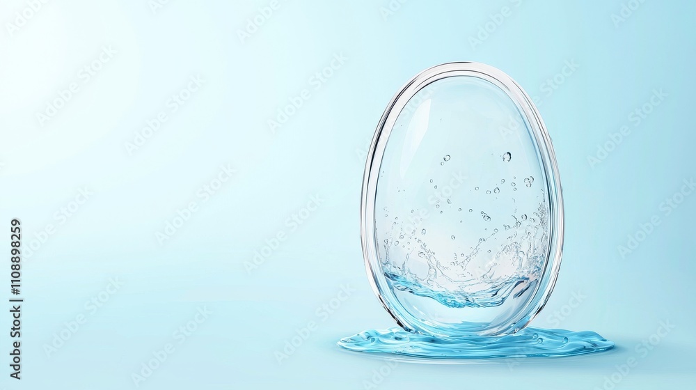 Poster a transparent egg shape rests on a blue surface, surrounded by splashes of water, creating a serene 