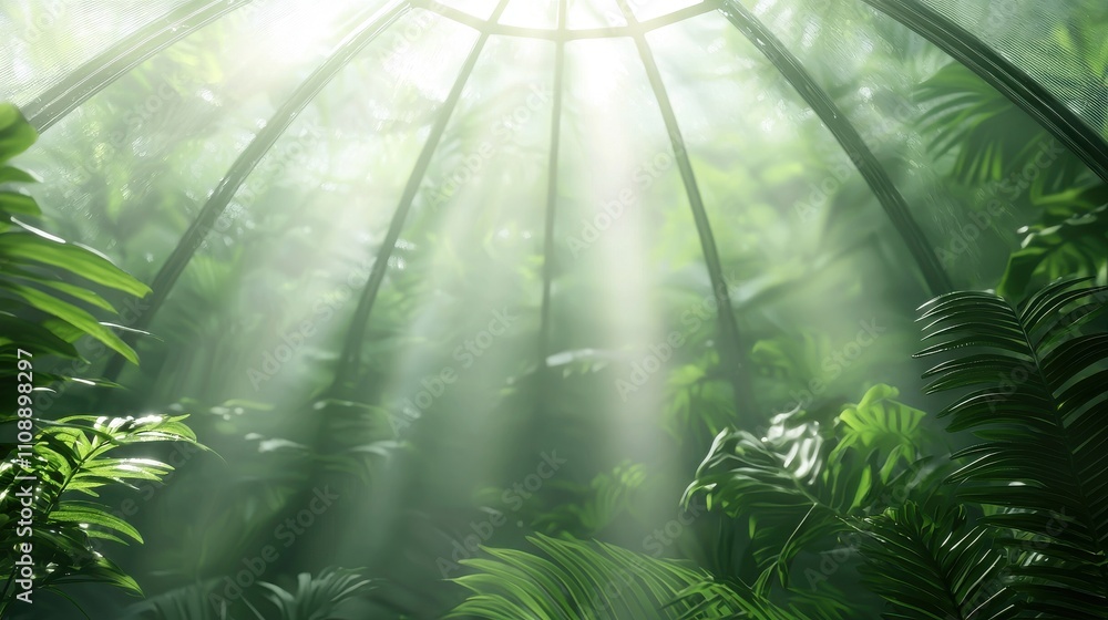 Poster a serene, sunlit greenhouse filled with lush greenery and rays of light filtering through, creating 