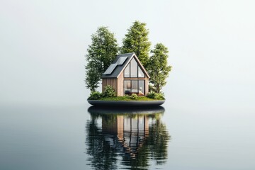Fototapeta premium A serene floating house surrounded by lush trees, reflecting beautifully on calm water, showcasing a peaceful and idyllic retreat in nature.