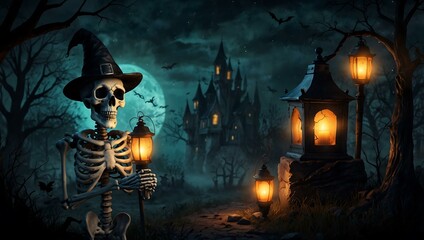 Spooky skeleton holding a lantern in a fantasy Halloween illustration.