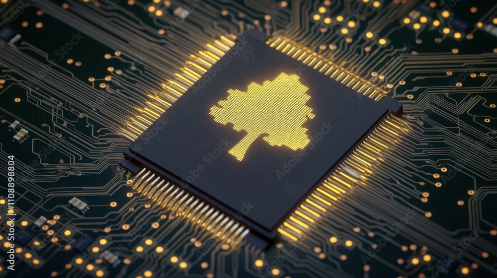 Poster a close-up of a computer chip featuring a glowing tree symbol, representing the fusion of technology