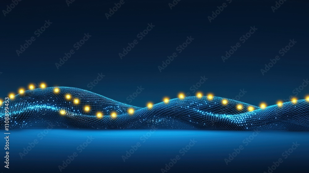 Poster Futuristic Glowing Mesh Grid  Abstract Data Network  Digital Landscape  Technology Backgro