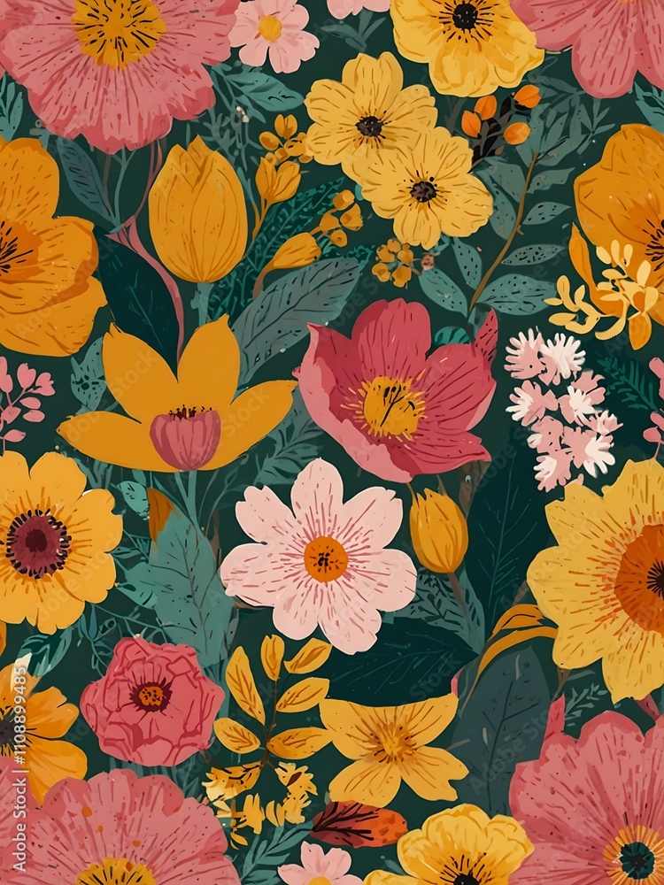 Wall mural Spring flower pattern in yellow and pink, perfect for textiles and decor.