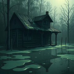 Abandoned Flooded Wooden House with Slime in Dark Anime Style