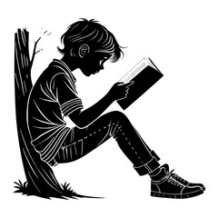 Silhouette of a boy Reading a Book in Thoughtful Pose. Boy  Reading a Book. Child reading a book 
