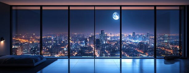 A sophisticated empty space with smooth concrete flooring and massive windows revealing the sparkling city skyline under the night sky, accented with strategic warm and cool lighti