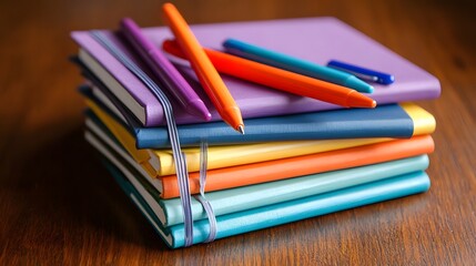 Fototapeta premium Stack of textbooks, notebooks, colorful pens and school supplies on table