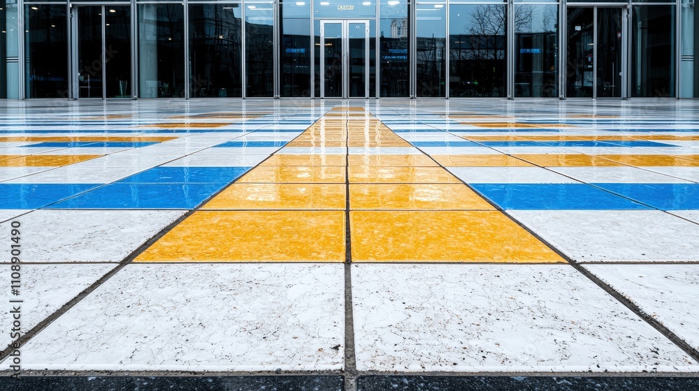 Poster colorful geometric tile pattern modern building entrance abstract architecture