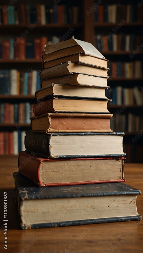 Poster stack of books with an open book in a library or study room.