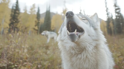 Fototapeta premium Howling Wolf in Autumn Forest Wildlife Photography