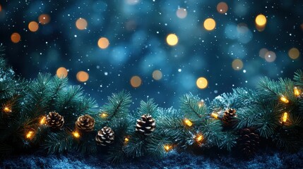 Fototapeta premium Pine garland with fairy lights on deep blue background
