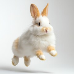Obraz premium Cute rabbit hopping in mid-air, white background