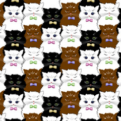Obraz premium Multi-colored cats with bows.Vector pattern with cute multi-colored cats on a transparent background.