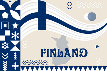 Finland banner with cultural design. Independence day design for Finland celebration. Modern neo geometric retro design with flag, map and abstract icons. White and Blue. Vector Illustration