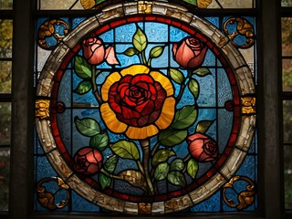 Fototapeta premium Stained glass rose window with floral art.