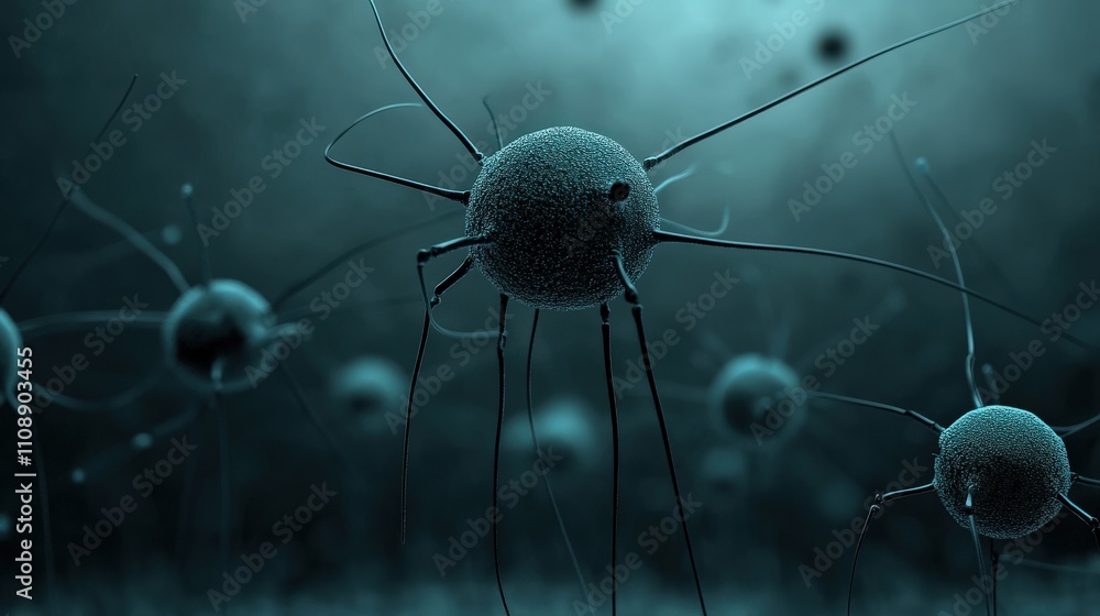 Poster close-up view of microscopic organisms in a dark aquatic environment, showcasing intricate details a