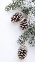 Fototapeta premium A frosty pine branch adorned with snow-covered cones, capturing the essence of winter's beauty and tranquility.