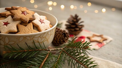 Fototapeta premium Bowl of Cookies Surrounded by Pine Needles and Stars - Cozy Winter Treats, Festive Baking, Holiday Snacks, Rustic Decor, and Delicious Desserts for Seasonal Celebrations