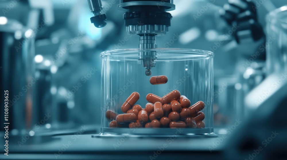 Poster advanced pharmaceutical manufacturing process with automated robotics handling orange capsules in a 