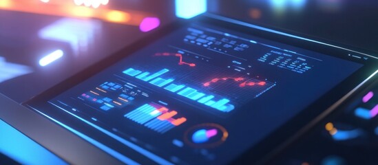 Futuristic tablet displaying financial data charts and graphs with glowing neon lights.