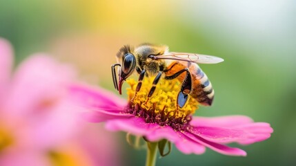 Fototapeta premium Close-up of a honeybee pollinating a pink flower.