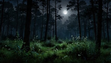 Fototapeta premium Starlit twilight in a forest with moonlight on flora.