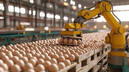 Fototapeta premium Robotic systems loading egg cartons onto pallets for shipping in a high-tech industrial warehouse.