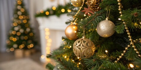 Close-Up of a Beautiful Christmas Tree with Golden Baubles, Sparkling Lights, and Holiday Decorations for Festive Cheer and Seasonal Joy in Macro Photography