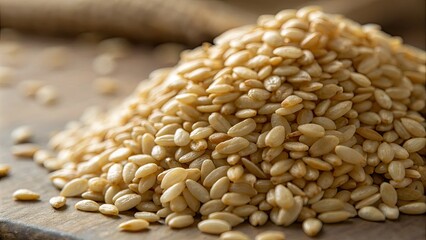 Fototapeta premium Close-Up of Organic Unhulled Sesame Seeds Highlighting Their Smooth Texture and Nutty Flavor for Culinary Use in Middle Eastern, Asian, and African Dishes