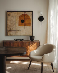 photo of an art print hanging on the wall above three drawers in a wooden cabinet, inspired by cubist paintings. On top are books and papers from a work station, against white walls with a wooden door