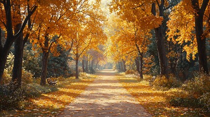 Fototapeta premium Golden leaf-strewn pathway invites peaceful strolls through autumn landscape