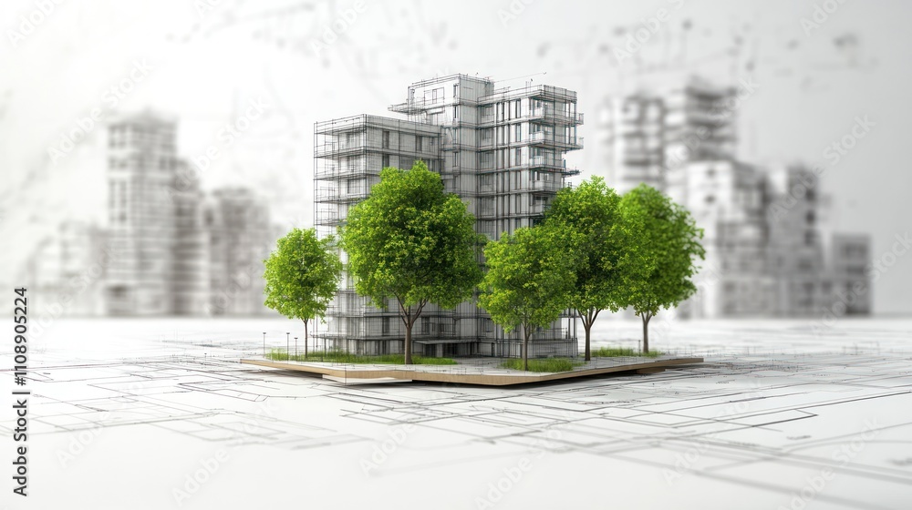 Poster architectural model with trees and blueprints in background