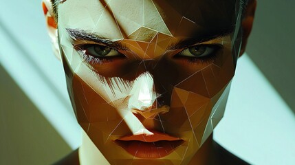 Low-poly human face design showcasing sharp edges and dramatic lighting effects