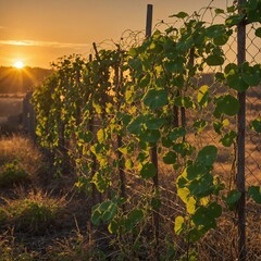 A morning glory vine climbing a fence with a golden sunrise behind it.