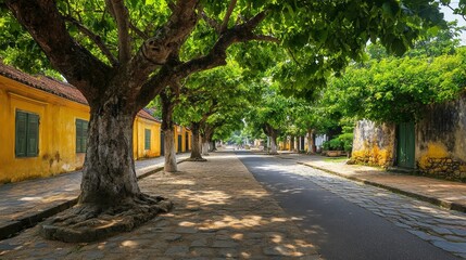 Obraz premium Charming Ancient Street. Tranquil Street Lined with Trees and Traditional Houses in Hoi An, Vietnam