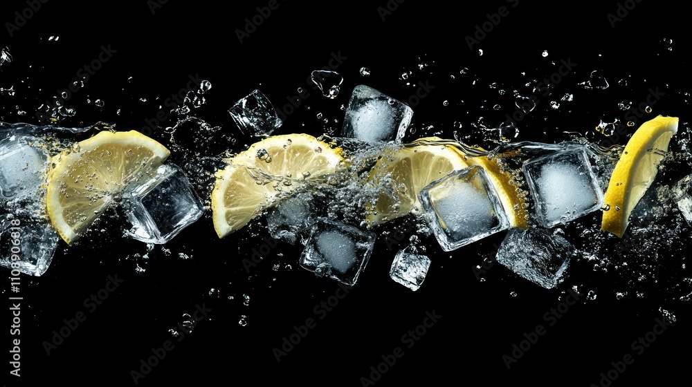 Poster slices of lemon and ice cubes splashing in water