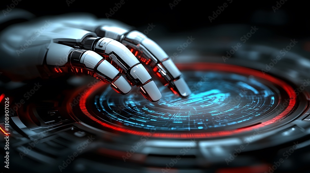Poster robotic hand interacting with a glowing digital interface featuring blue and red lights in a high-te