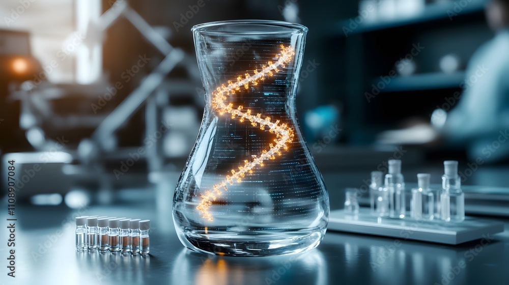 Poster dna helix glowing inside a transparent glass flask in a high-tech laboratory setting with scientific