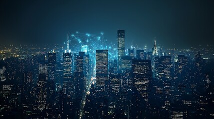 Obraz premium Night cityscape with digital network overlay.