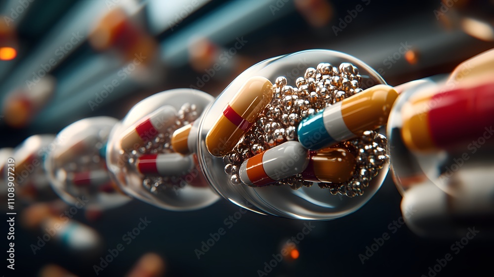 Poster close-up of transparent capsules containing colorful pills and micro-particles, symbolizing advanced