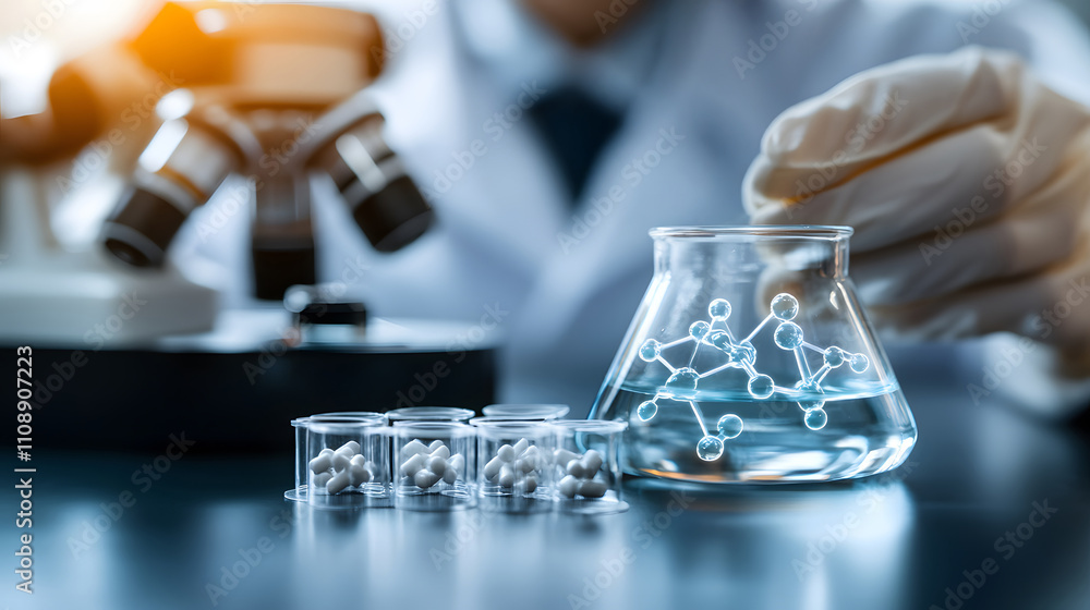 Aufkleber scientist examining molecular structure in a laboratory with a microscope and chemical compounds in 