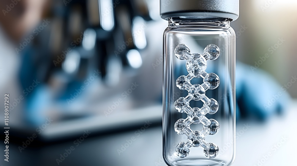 Poster close-up of a molecular structure inside a transparent vial in a laboratory, symbolizing scientific 