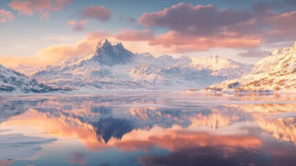 Obraz premium Snowy Mountain Range Reflected in a Tranquil Lake at Sunset