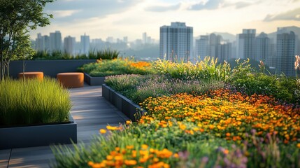 Obraz premium A vibrant rooftop garden featuring colorful flowers and greenery against a city skyline.