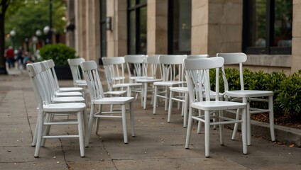 Fototapeta premium Stock photo of white chairs on a sidewalk.