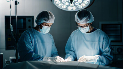 two veterinarian surgeons in operating room take with art lighting and blue filter