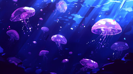 Vibrant purple jellyfish gracefully float in a deep blue ocean, illuminated by sunbeams.