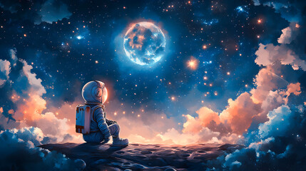 Naklejka premium young astronauts go on space excursions with a bright moon, stars, and clouds. Dreamy, exciting, and entertaining animation for kids about cosmic travel.