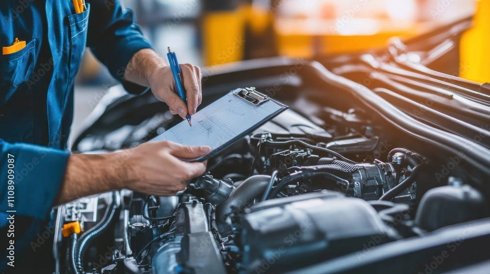 Poster mechanic inspecting an engine and taking notes